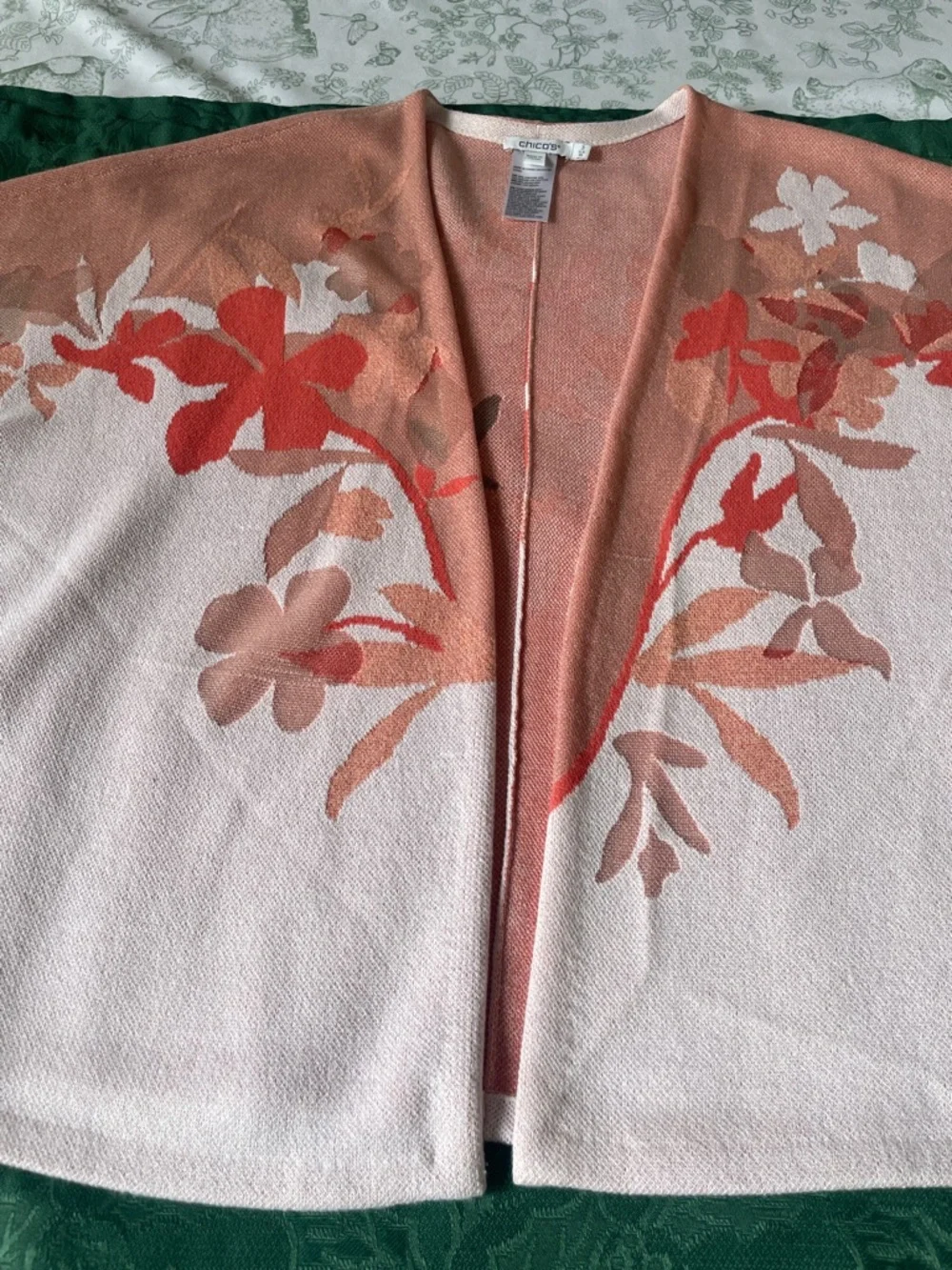 Chico's Coral and Light Pink Floral Open-Front Cardigan - Picture 6 of 8